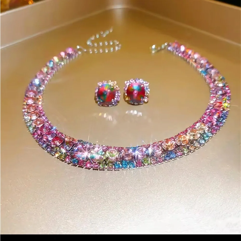 Sparkling Multicolor Rhinestone Necklace and Earring Set - Picture 7 of 9